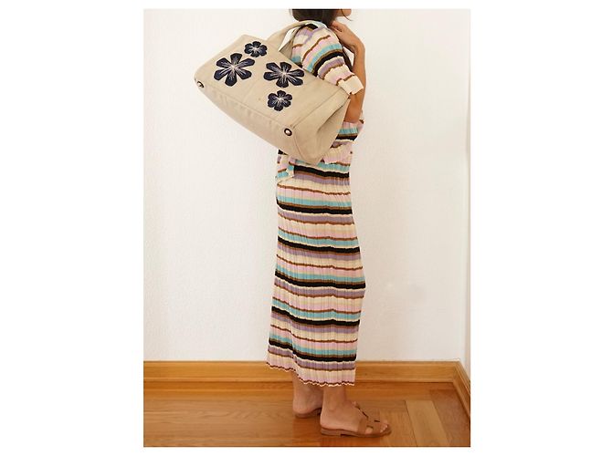 Borsa Tote Prada Canapa Blu Beige in Tela - vista 9