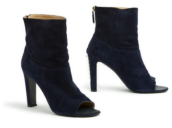 Chanel Stivaletti aperti con perle di lusso e camoscio blu navy taglia EU39 US8.5 - vista 3