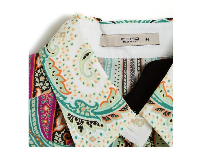 Etro FR40 Top Bianca Camicia in Popeline Verde US10 Bianco - vista 3