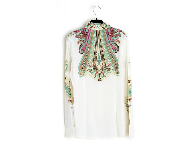Etro FR40 Top Bianca Camicia in Popeline Verde US10 Bianco - vista 4