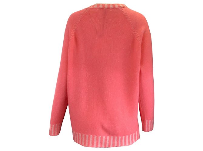 Lamberto Losani Flamingo Pink  / Weißer langärmliger Raglanpullover aus Kaschmirstrick - Ansicht 3