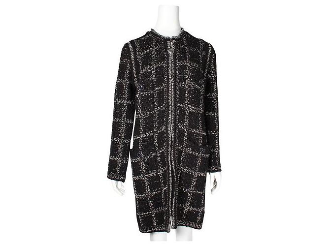 Timeless Chanel Schwarz-Weißer langer Woll-Tweed-Mantel - Ansicht 2