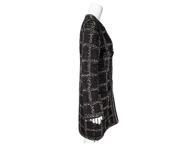 Timeless Chanel Schwarz-Weißer langer Woll-Tweed-Mantel - Ansicht 4