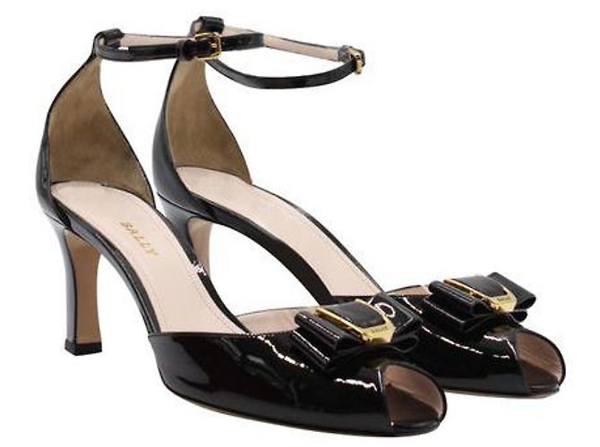 Bally Black Patent Leather Peep-Toe Heels With Bow - view 2