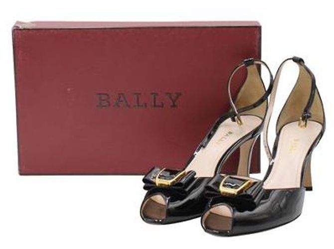 Bally Black Patent Leather Peep-Toe Heels With Bow - view 6