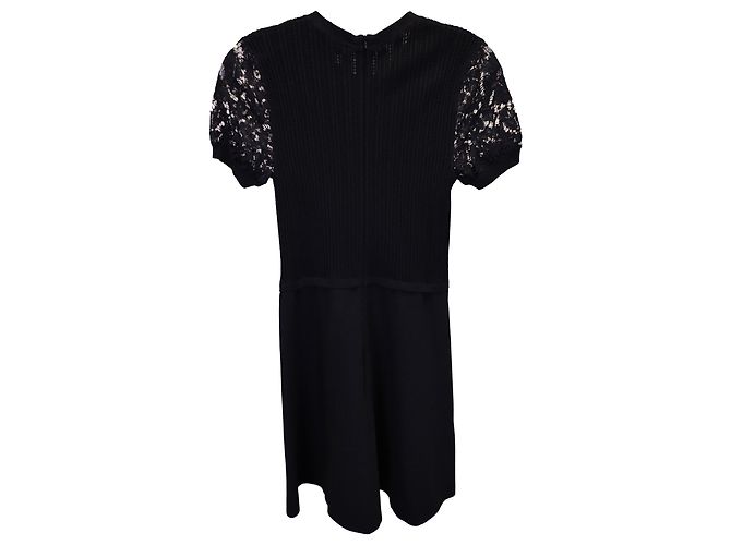 Valentino Garavani Minivestido plisado con paneles de encaje Valentino en viscosa negra Negro - vista 2