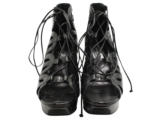 Saint Laurent Schwarze Gladiator High Heels mit Krokodilprägung - Ansicht 2