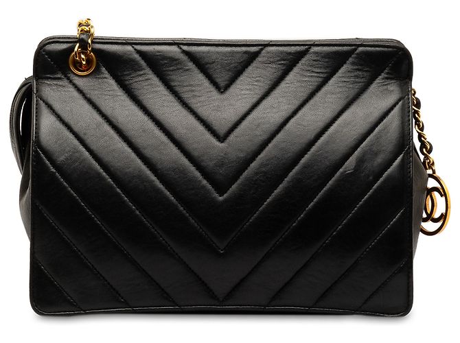 Borsa a tracolla Chanel in pelle di agnello Chevron nera Nero - vista 3