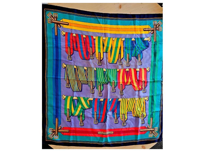 Fazzoletto Hermès "Les Sangles" blu J. Metz 1985 Porpora Turchese - vista 4