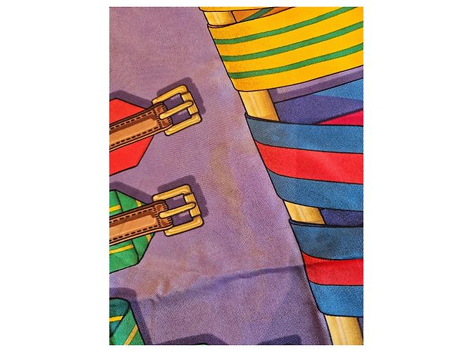Fazzoletto Hermès "Les Sangles" blu J. Metz 1985 Porpora Turchese - vista 5