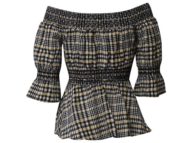 Ganni – Off-Shoulder-Top mit Karomuster aus mehrfarbiger Baumwolle - Ansicht 3