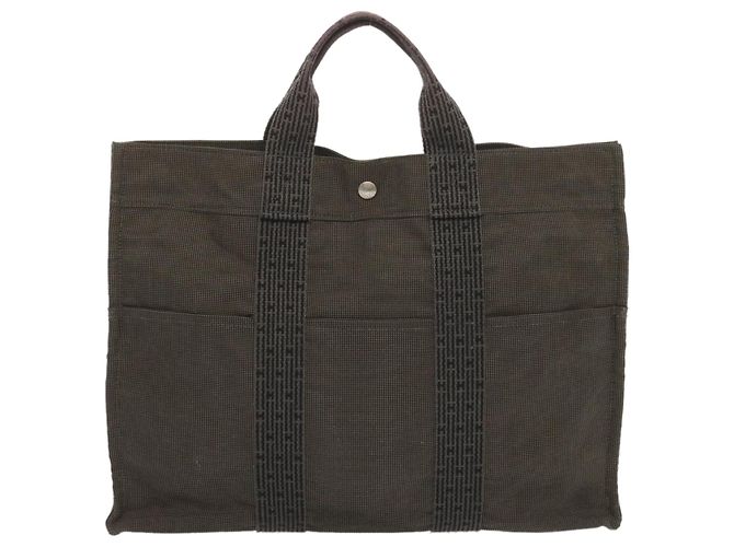 Hermès Sacola HERMES Her Line MM Lona Cinza Auth hk1144 Marrom - vista 13