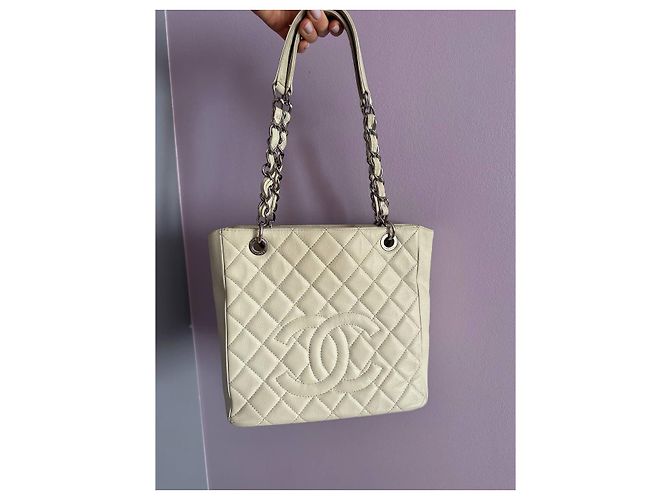 Borsa Chanel Petit Shopping in Pelle Bianca Bianco Bianco sporco - vista 8