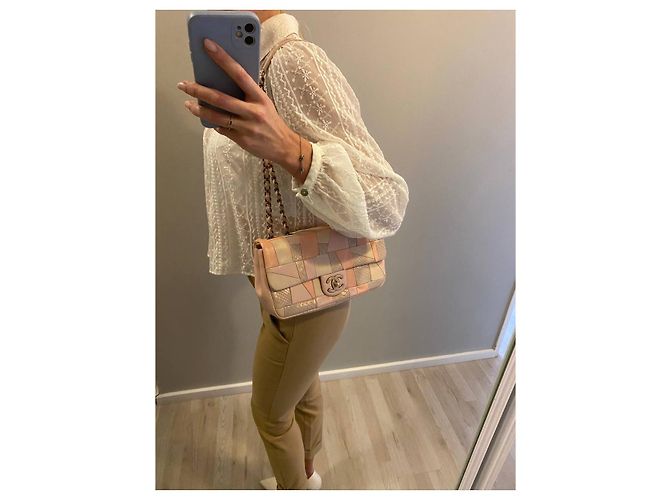 Timeless Borsa a mano Chanel in pelle e pitone rosa beige corallo - vista 13