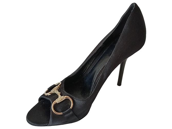 Décolleté Gucci Horsebit in raso nero a punta aperta - vista 7