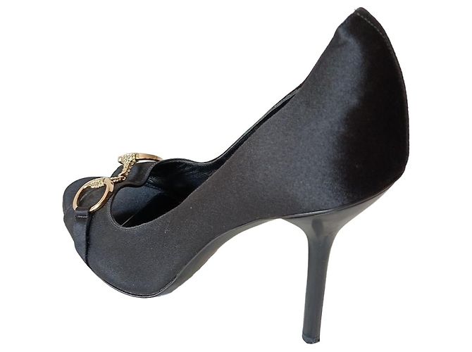 Décolleté Gucci Horsebit in raso nero a punta aperta - vista 9