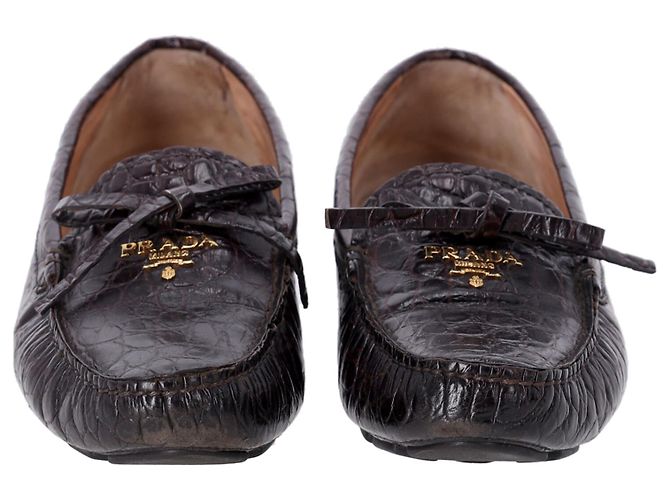 Bow Mocasines Prada con lazo en piel con relieve de cocodrilo marrón - vista 3
