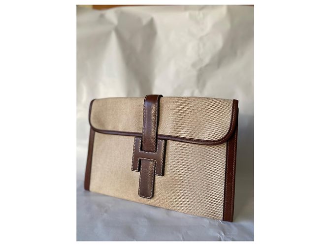 Cartera Hermès de cuero y tela de alrededor de 1996. Beige - vista 2