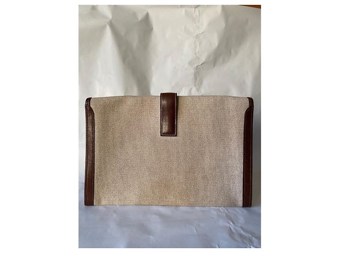 Cartera Hermès de cuero y tela de alrededor de 1996. Beige - vista 3