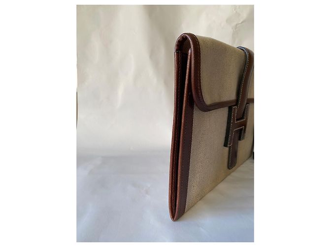Cartera Hermès de cuero y tela de alrededor de 1996. Beige - vista 4