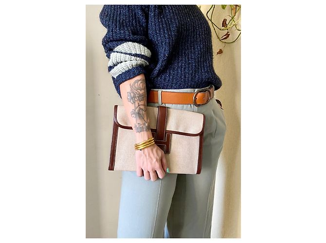 Cartera Hermès de cuero y tela de alrededor de 1996. Beige - vista 5