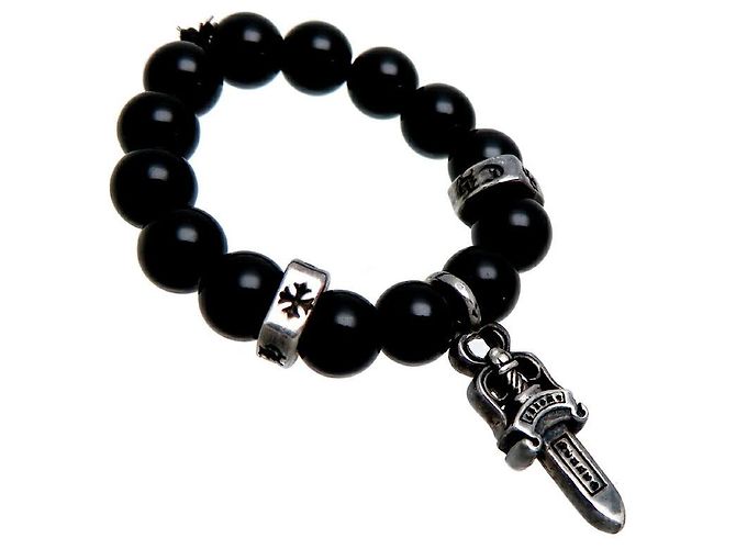 Chrome Hearts Bague à breloque poignard en perles d'onyx argentées - vue 2