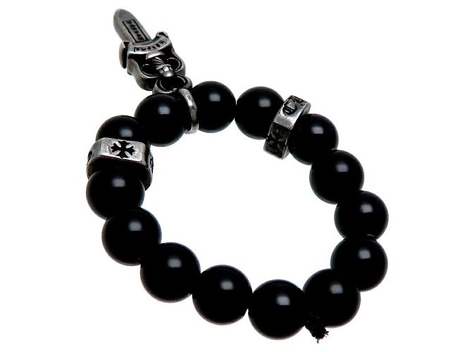 Chrome Hearts Bague à breloque poignard en perles d'onyx argentées - vue 3