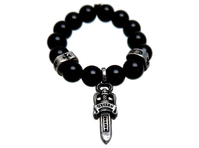 Chrome Hearts Bague à breloque poignard en perles d'onyx argentées - vue 4