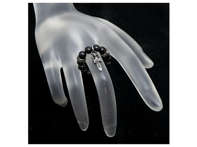 Chrome Hearts Bague à breloque poignard en perles d'onyx argentées - vue 8