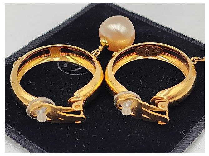 Cambon Orecchini a cerchio vintage Chanel Coco bianchi con perle. Gold hardware - vista 8