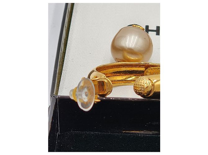 Cambon Orecchini a cerchio vintage Chanel Coco bianchi con perle. Gold hardware - vista 9