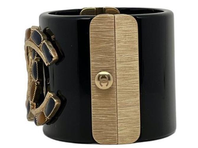 Bracciale manchette Chanel CC oro e metallo nero Blu scuro - vista 4