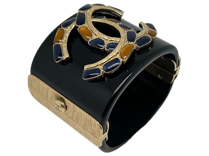 Bracciale manchette Chanel CC oro e metallo nero Blu scuro - vista 5