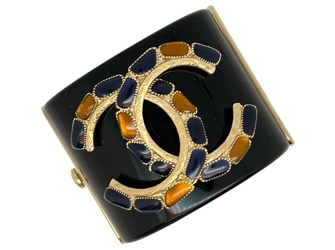 Bracciale manchette Chanel CC oro e metallo nero Blu scuro - vista 6