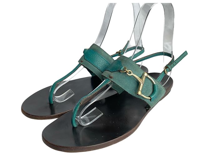 Sandali piatti Gucci Horsebit in nubuck e pelle verde - vista 2