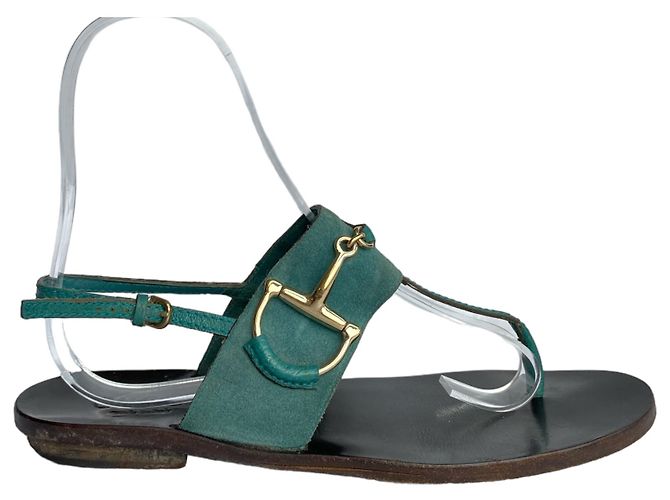 Sandali piatti Gucci Horsebit in nubuck e pelle verde - vista 3