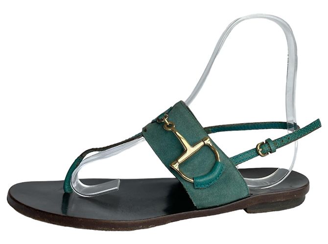 Sandali piatti Gucci Horsebit in nubuck e pelle verde - vista 6