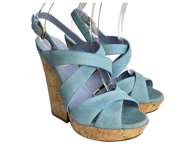 Sandali con zeppa Yves Saint Laurent Lauren in camoscio blu - vista 2