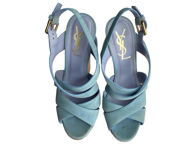 Sandali con zeppa Yves Saint Laurent Lauren in camoscio blu - vista 3