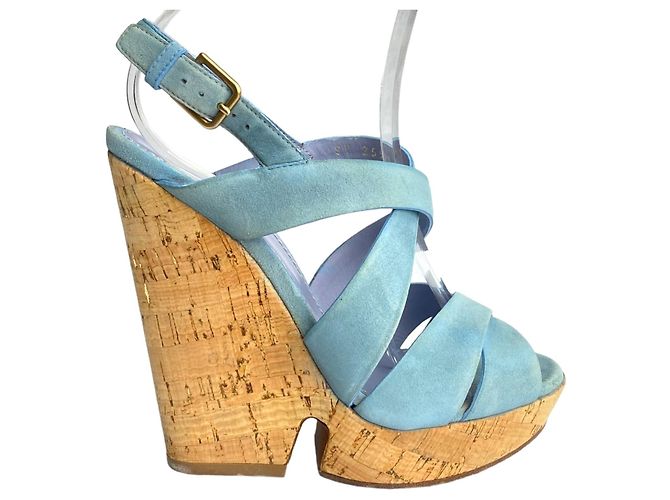 Sandali con zeppa Yves Saint Laurent Lauren in camoscio blu - vista 6