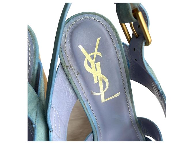 Sandali con zeppa Yves Saint Laurent Lauren in camoscio blu - vista 7
