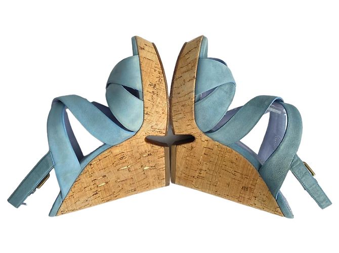 Sandali con zeppa Yves Saint Laurent Lauren in camoscio blu - vista 9