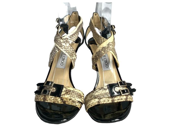Sandali Jimmy Choo Aby in pelle di serpente e vernice nera Nero Beige - vista 2
