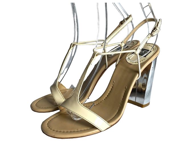 Dolce & Gabbana Sandali T-Strap con Tacco a Blocco Avorio Argento Pelle Lucida Crudo - vista 2