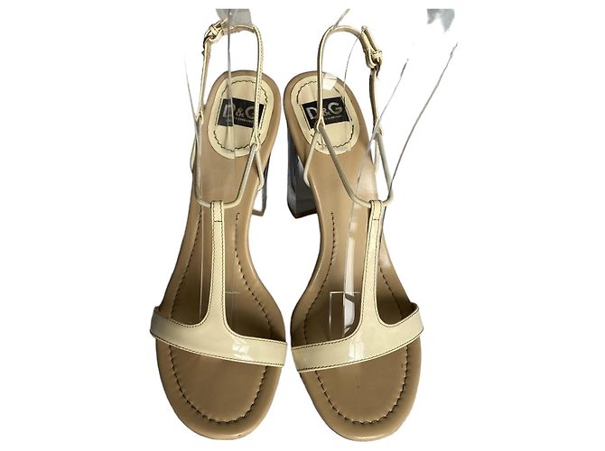 Dolce & Gabbana Sandali T-Strap con Tacco a Blocco Avorio Argento Pelle Lucida Crudo - vista 3