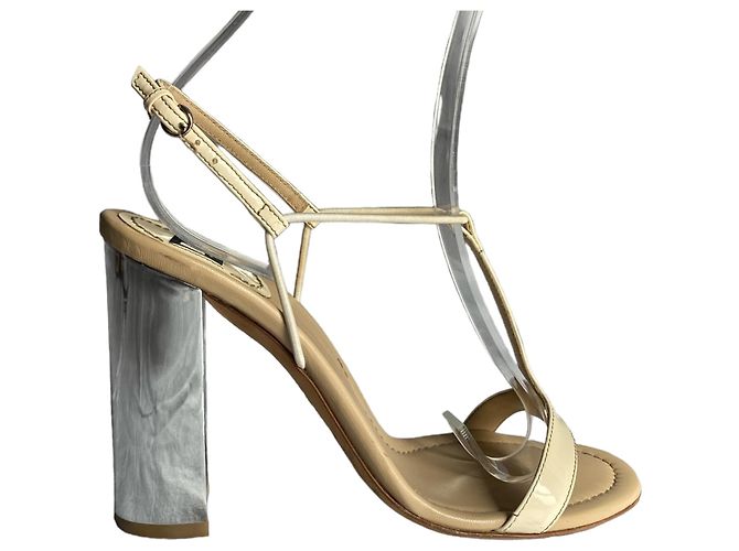 Dolce & Gabbana Sandali T-Strap con Tacco a Blocco Avorio Argento Pelle Lucida Crudo - vista 5