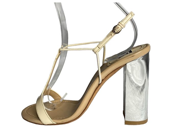 Dolce & Gabbana Sandali T-Strap con Tacco a Blocco Avorio Argento Pelle Lucida Crudo - vista 6