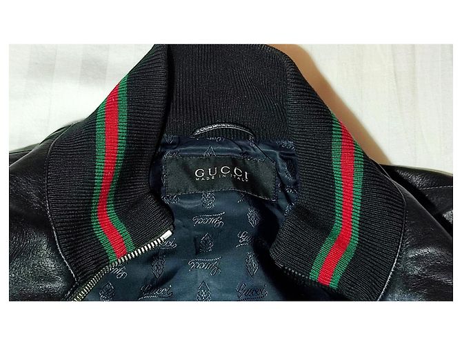 Gucci Bomber in Pelle Nero con Strisce Verdi e Rosse - vista 2