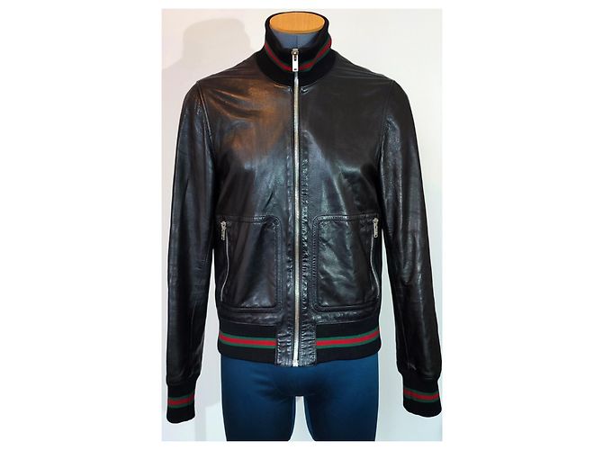 Gucci Bomber in Pelle Nero con Strisce Verdi e Rosse - vista 3