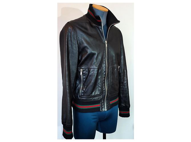 Gucci Bomber in Pelle Nero con Strisce Verdi e Rosse - vista 4